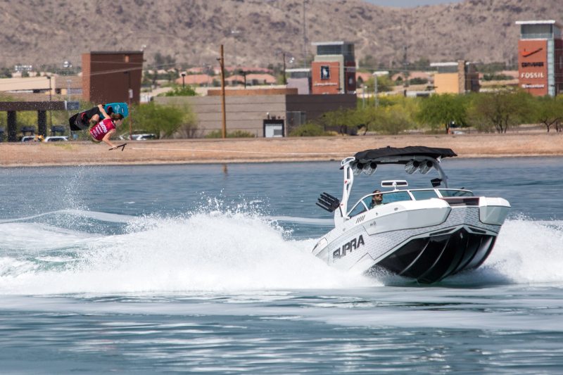 A rider behind the Supra SA 550 in the qualifying heats at the first stop of the Supra Boats Pro Wakeboard Tour 2018 in Chandler, Arizona.