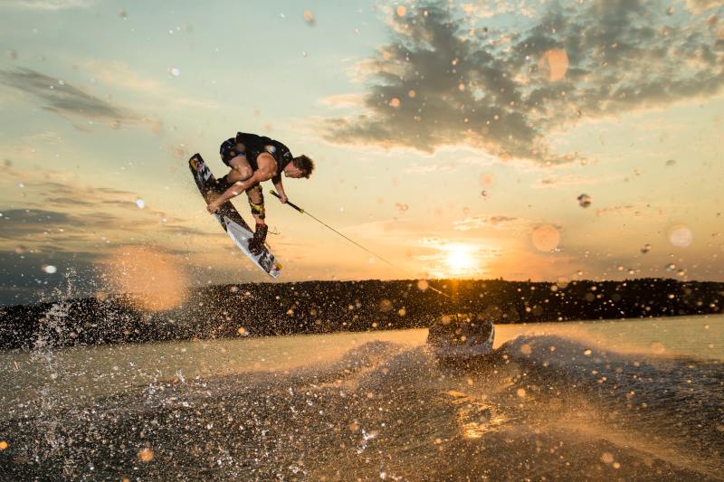 Mike Dowdy Mike Dowdy wakeboards on Lake Superior along the shores of northern Wisconsin, USA on July 09, 2017.
