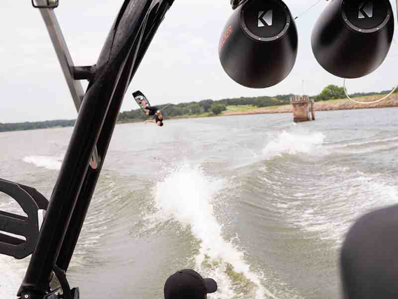 BTG0822-Kicker-Tower-Speaker2 Rider behind boat equipped with KICKER speakers